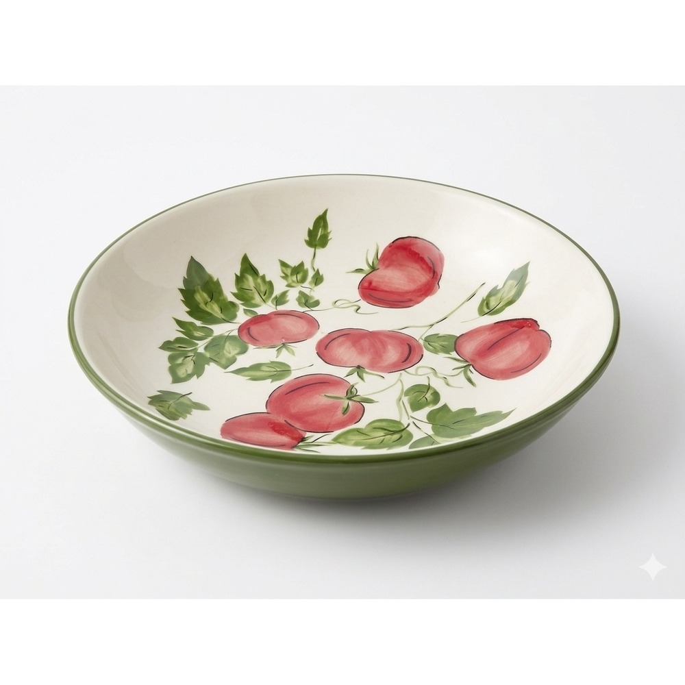 CMG Portugal Tomato Pasta Salad Serving Bowl Ceramic‎ Hand Made Green Trim
